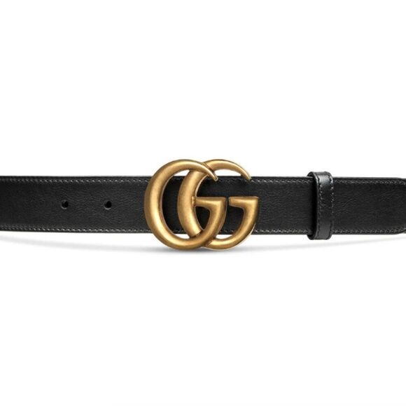 Gucci GG Thin Leather Belt with Double G Buckle Black Gold 75 - Picture 1 of 3